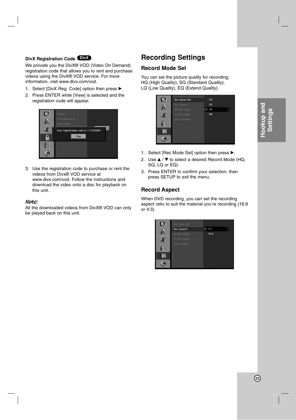 Recording settings, Hookup and settings | LG RH7850H User Manual | Page 23 / 62