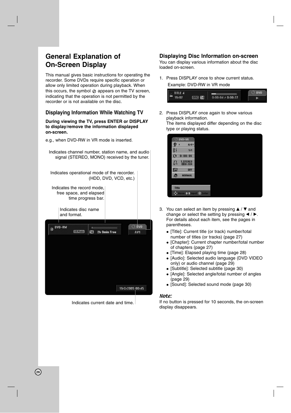 General explanation of on-screen display | LG RH7850H User Manual | Page 26 / 62