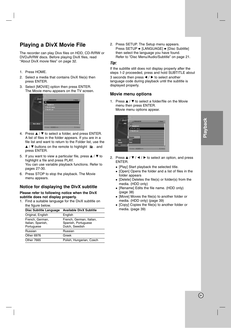 Playing a divx movie file, Playback | LG RH7850H User Manual | Page 31 / 62