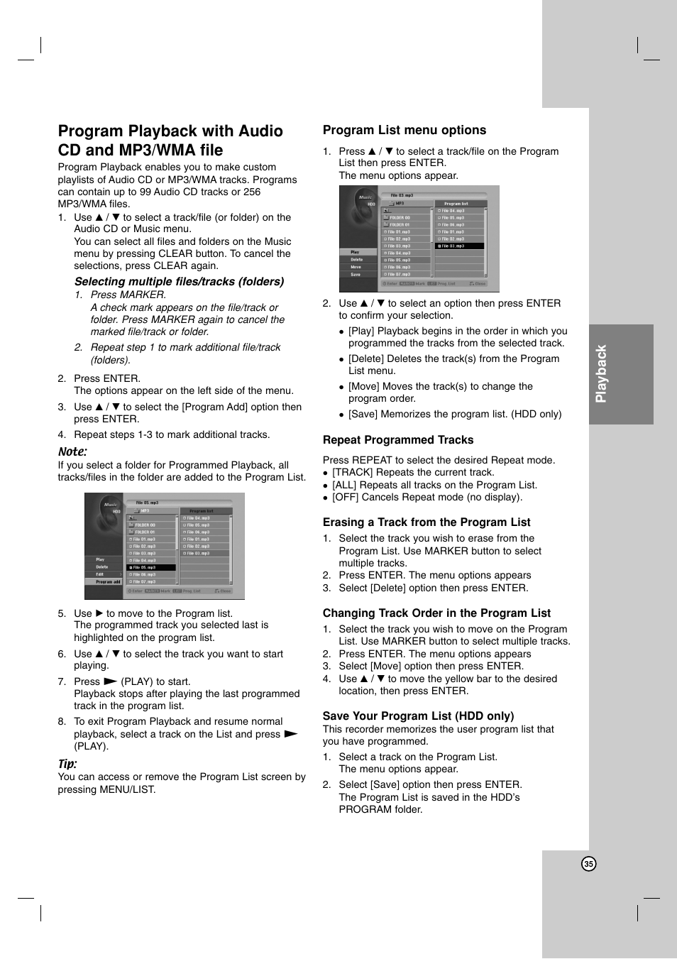 Program playback with audio cd and mp3/wma file, Playback | LG RH7850H User Manual | Page 35 / 62