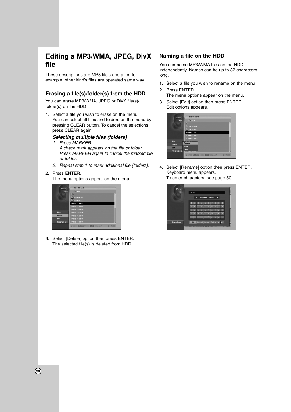 Editing a mp3/wma, jpeg, divx file | LG RH7850H User Manual | Page 38 / 62