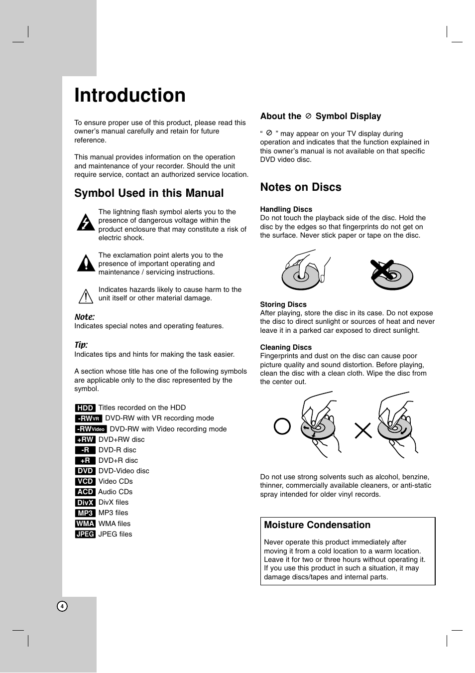 Introduction, Symbol used in this manual, Moisture condensation | LG RH7850H User Manual | Page 4 / 62