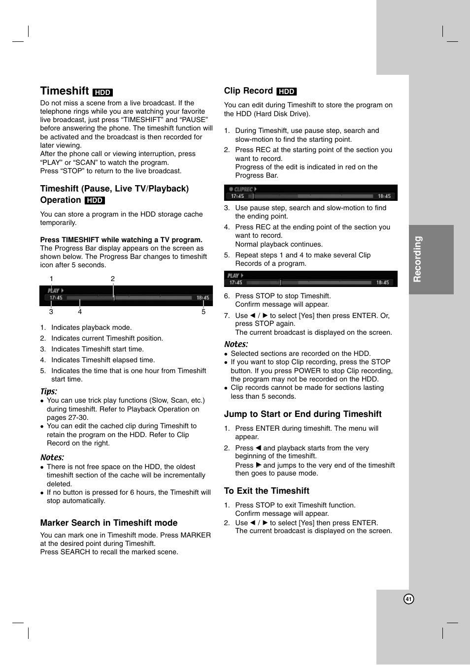 Timeshift, Recording | LG RH7850H User Manual | Page 41 / 62