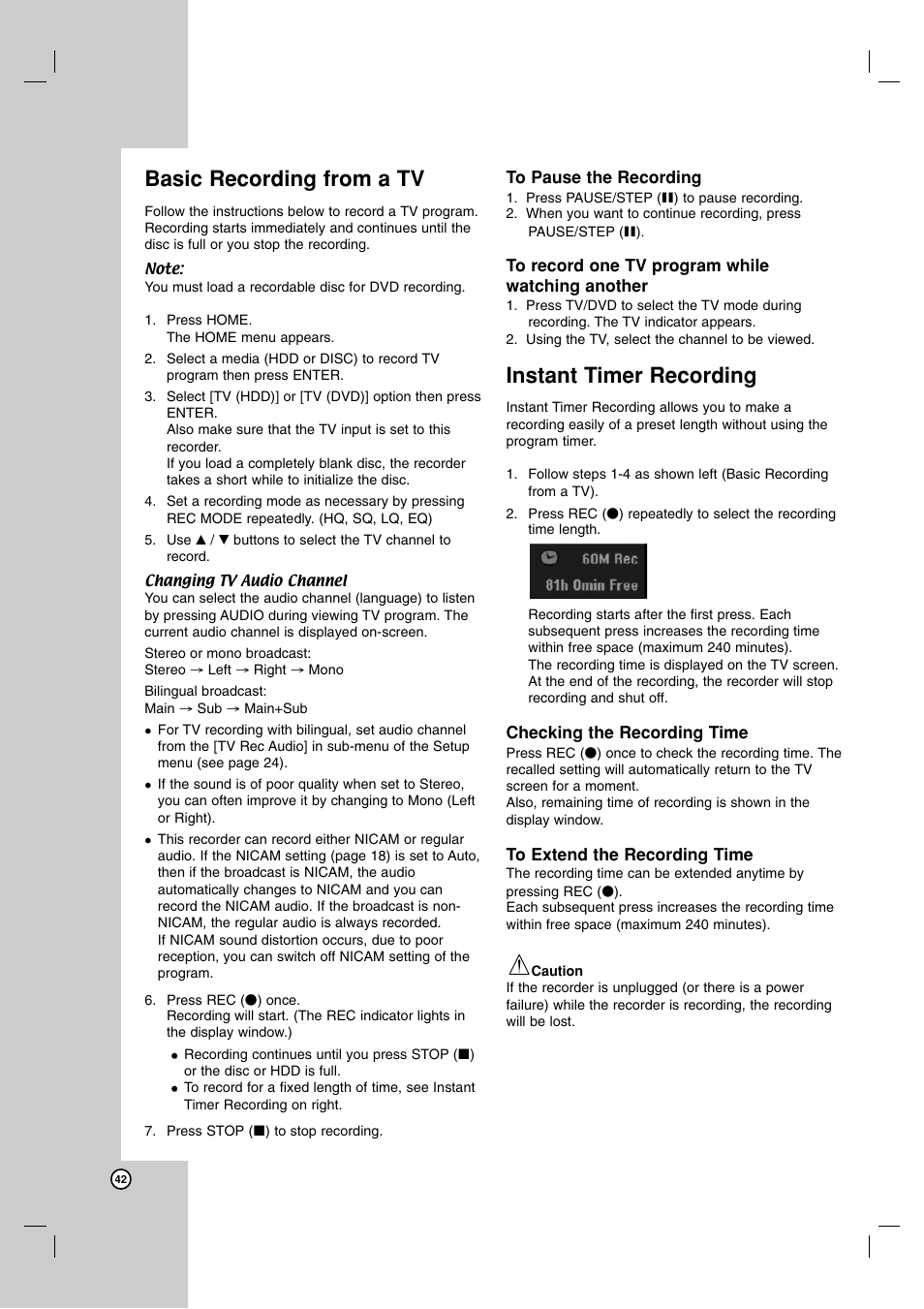 Basic recording from a tv, Instant timer recording | LG RH7850H User Manual | Page 42 / 62