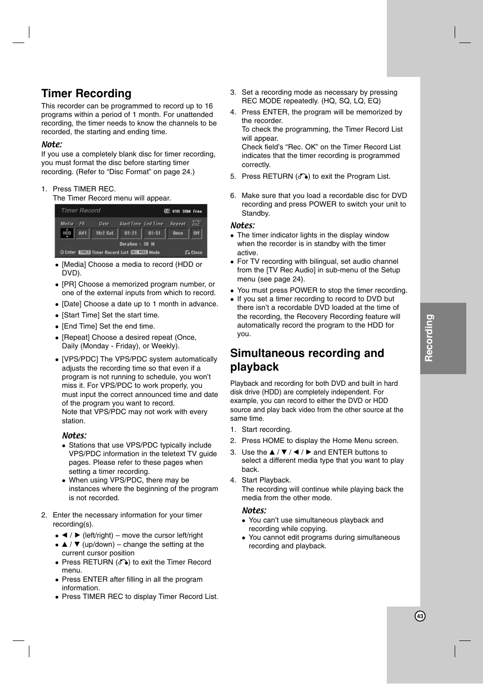 Timer recording, Simultaneous recording and playback, Recording | LG RH7850H User Manual | Page 43 / 62