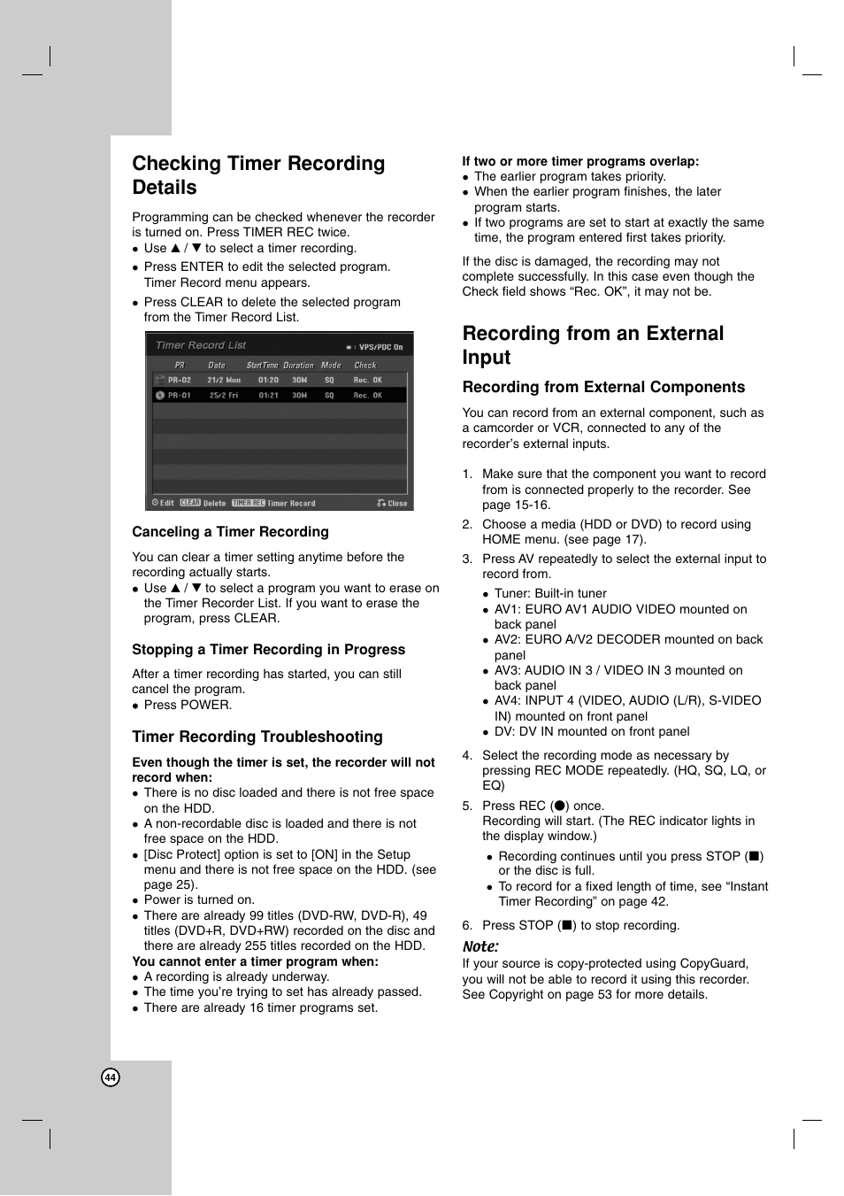 Checking timer recording details, Recording from an external input | LG RH7850H User Manual | Page 44 / 62