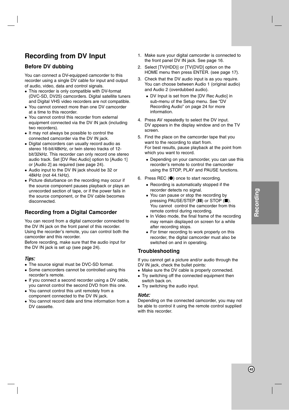 Recording from dv input, Recording | LG RH7850H User Manual | Page 45 / 62