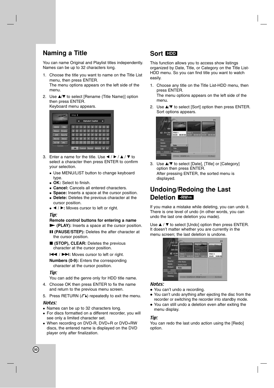 Naming a title, Sort, Undoing/redoing the last deletion | LG RH7850H User Manual | Page 50 / 62