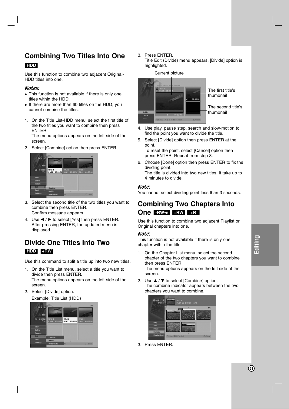 Combining two titles into one, Divide one titles into two, Combining two chapters into one | Editing | LG RH7850H User Manual | Page 51 / 62