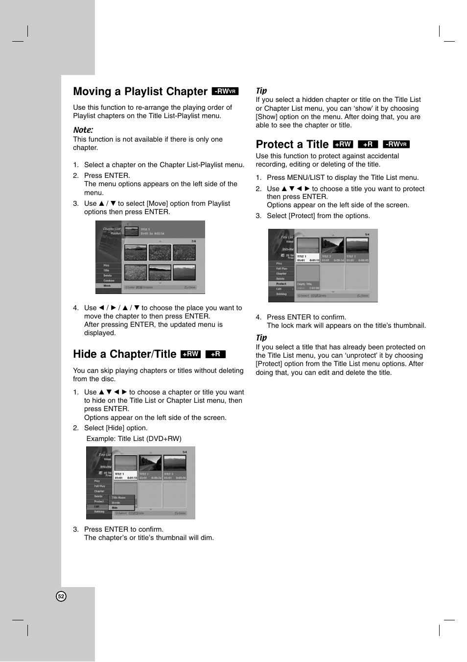 Moving a playlist chapter, Hide a chapter/title, Protect a title | LG RH7850H User Manual | Page 52 / 62