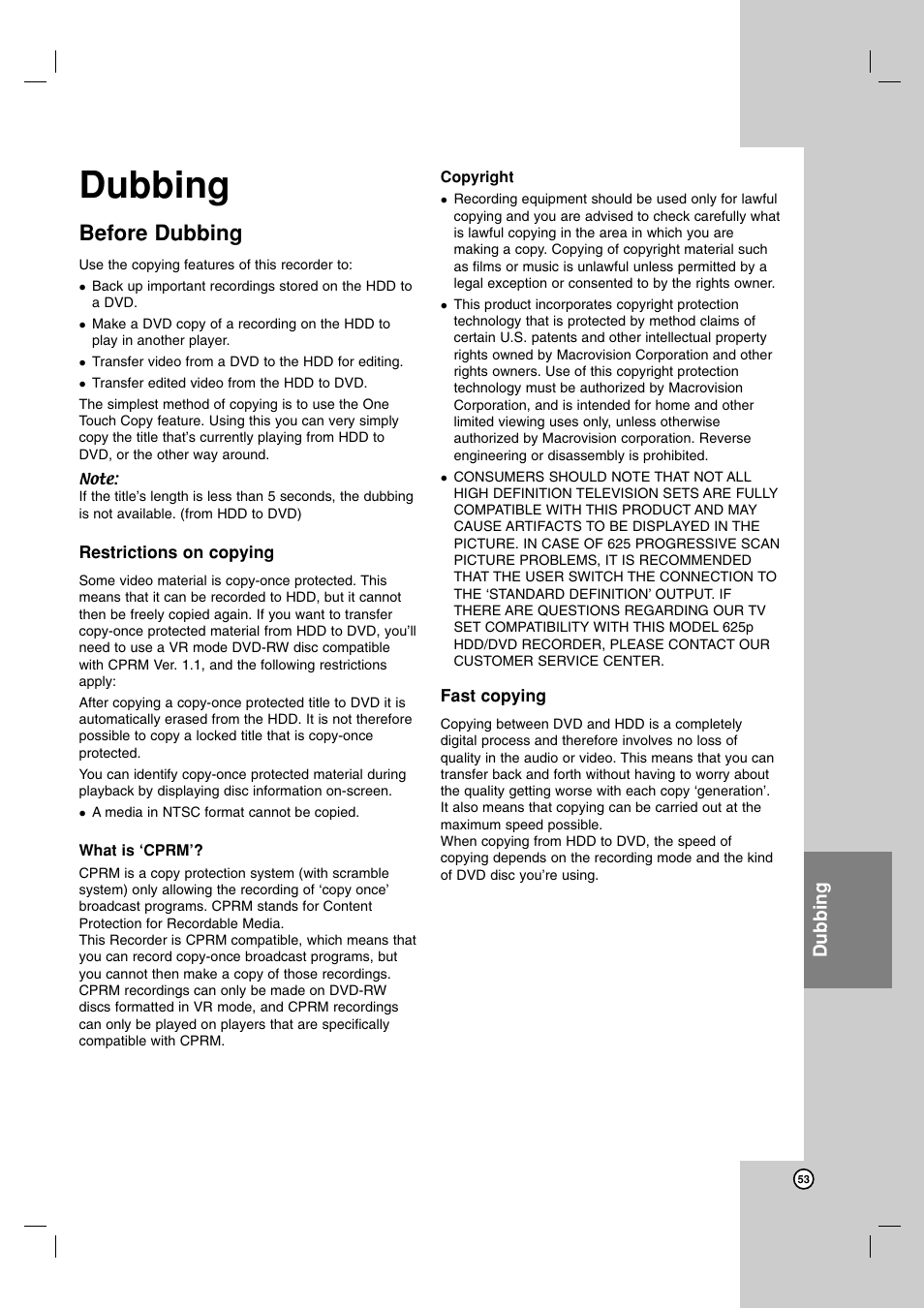 Dubbing, Before dubbing | LG RH7850H User Manual | Page 53 / 62