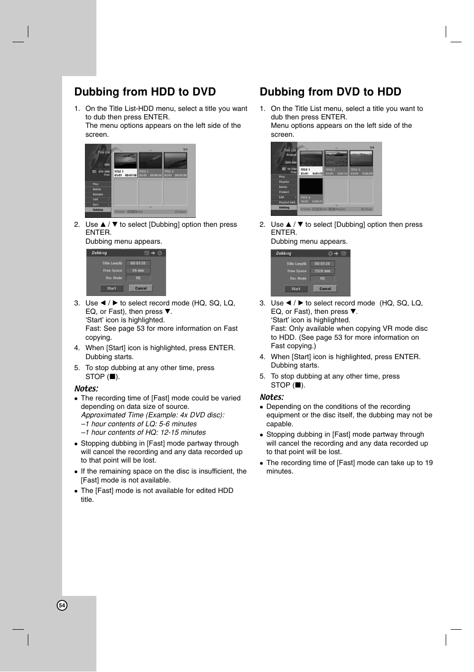 Dubbing from hdd to dvd, Dubbing from dvd to hdd | LG RH7850H User Manual | Page 54 / 62