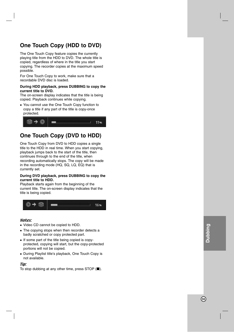 One touch copy (hdd to dvd), One touch copy (dvd to hdd), Dubbing | LG RH7850H User Manual | Page 55 / 62
