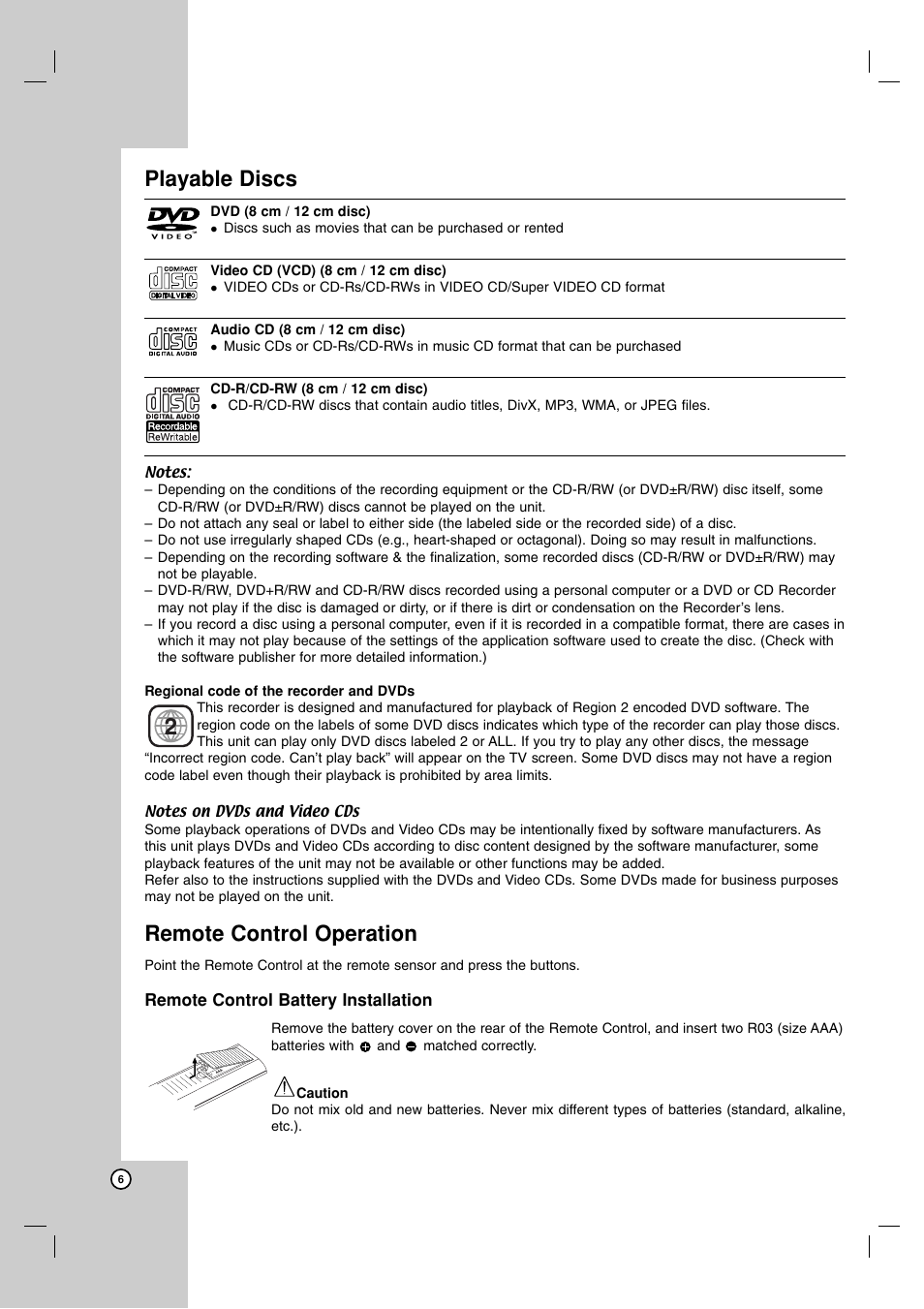 Playable discs, Remote control operation | LG RH7850H User Manual | Page 6 / 62