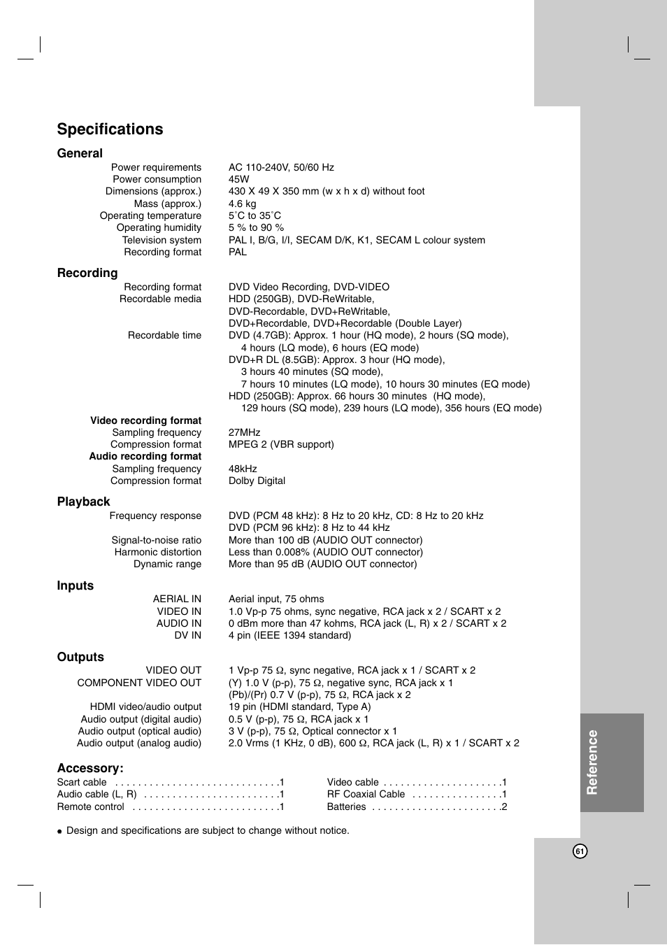 Specifications, Reference | LG RH7850H User Manual | Page 61 / 62