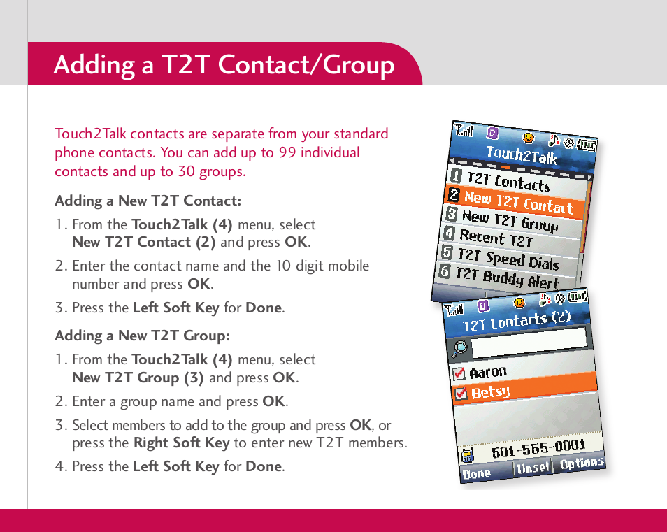Adding a t2t contact/group | LG AX355 User Manual | Page 4 / 8