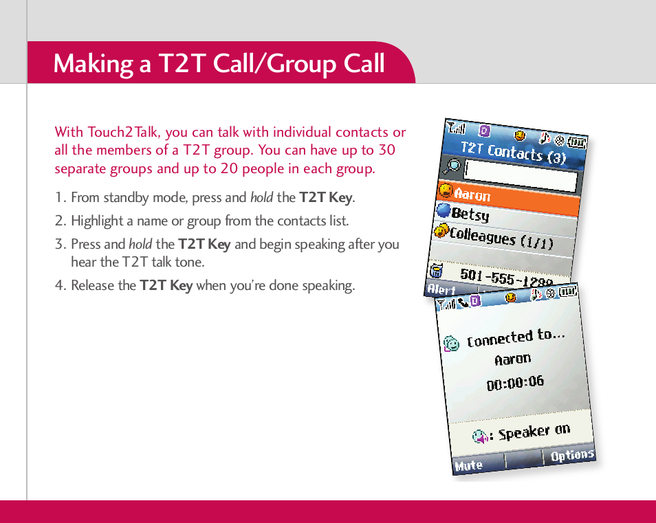 Making a t2t call/group call | LG AX355 User Manual | Page 5 / 8