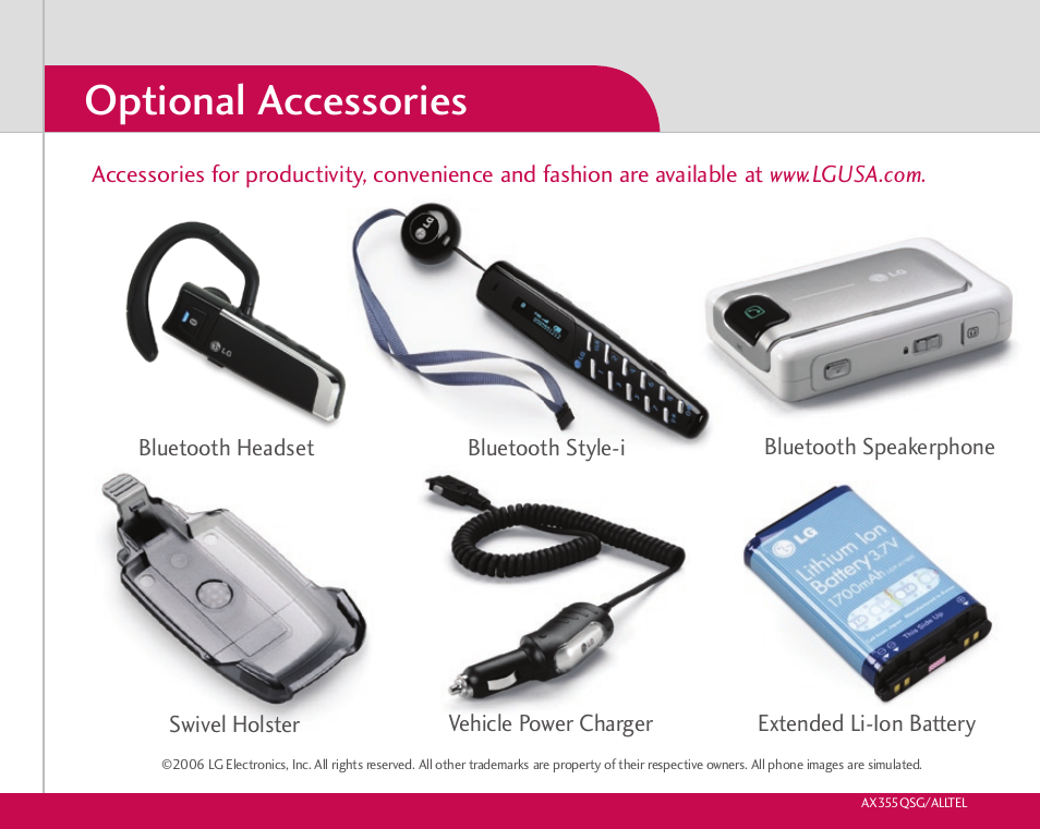 Optional accessories | LG AX355 User Manual | Page 8 / 8