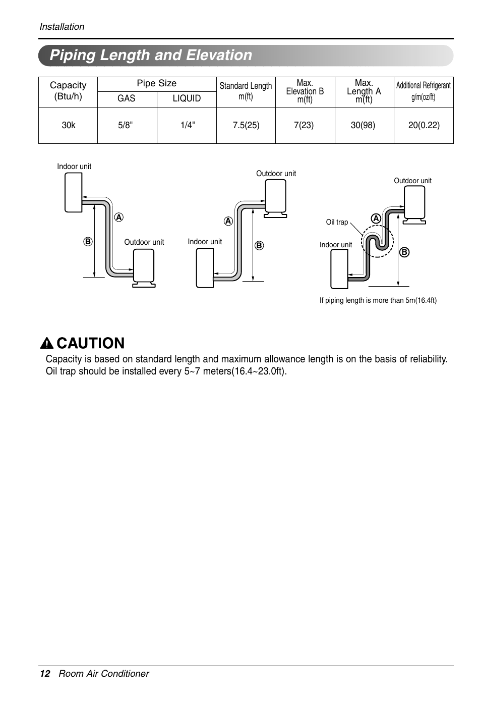 Piping length and elevation | LG LS305HV User Manual | Page 12 / 31
