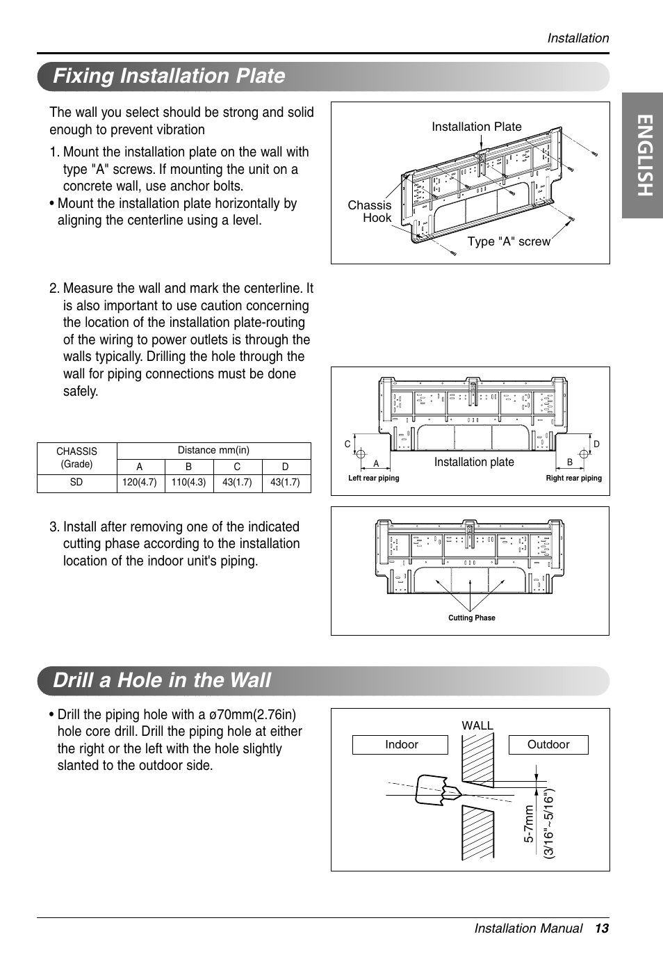 English, Fixing installation plate, Drill a hole in the wall | LG LS305HV User Manual | Page 13 / 31