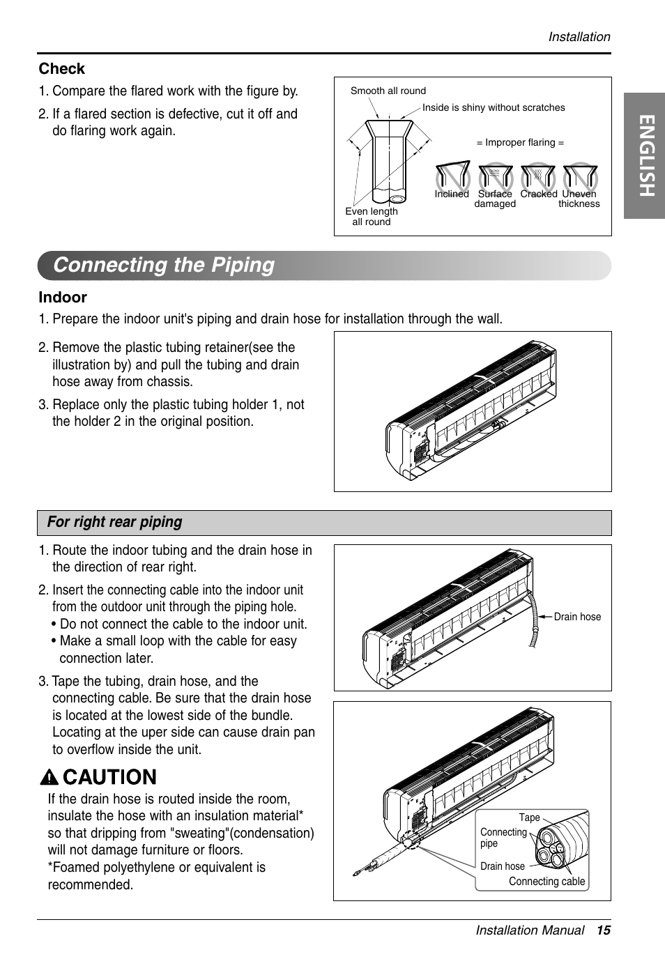 English, Connecting the piping, Check | Indoor, For right rear piping | LG LS305HV User Manual | Page 15 / 31