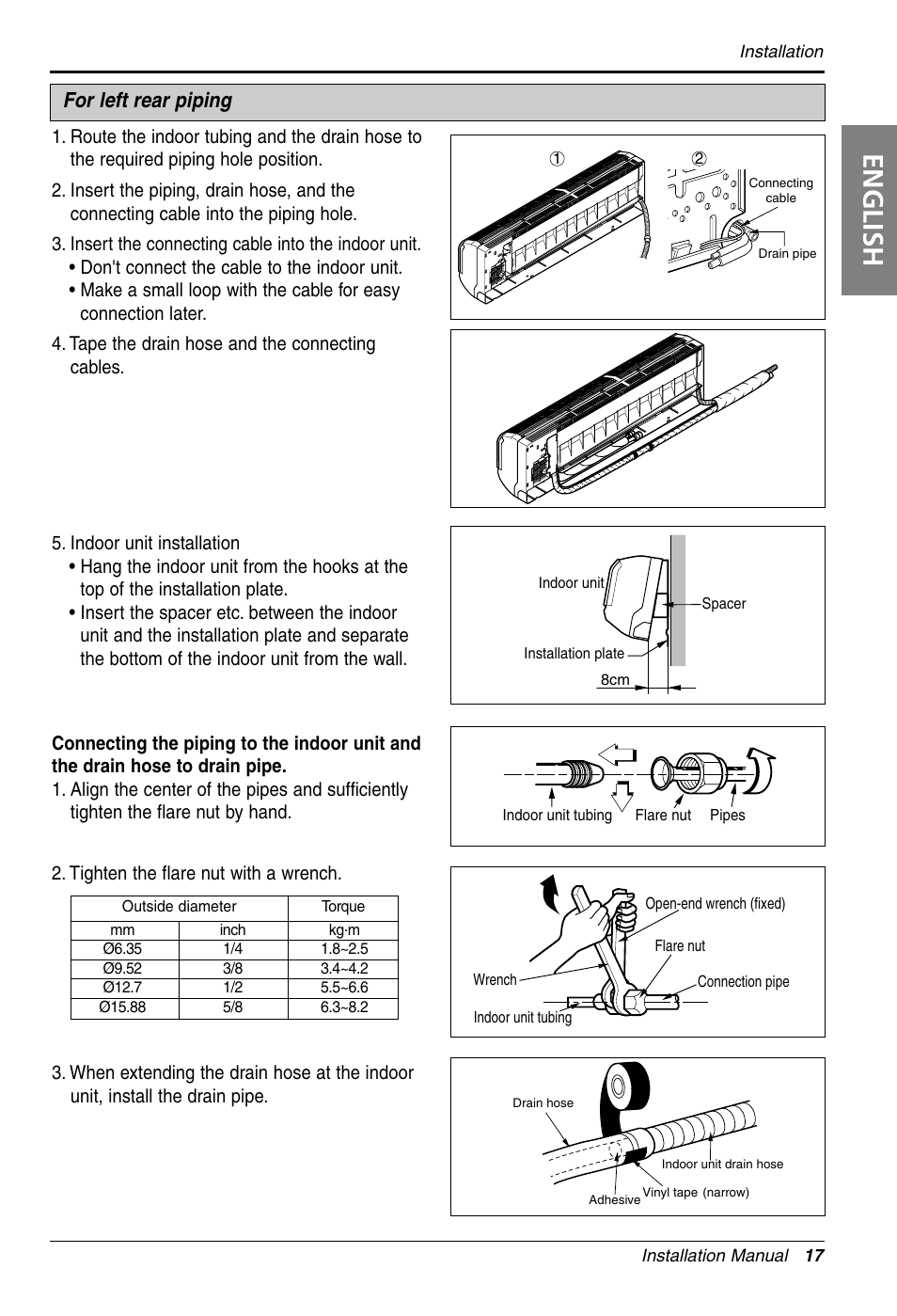 English, For left rear piping | LG LS305HV User Manual | Page 17 / 31