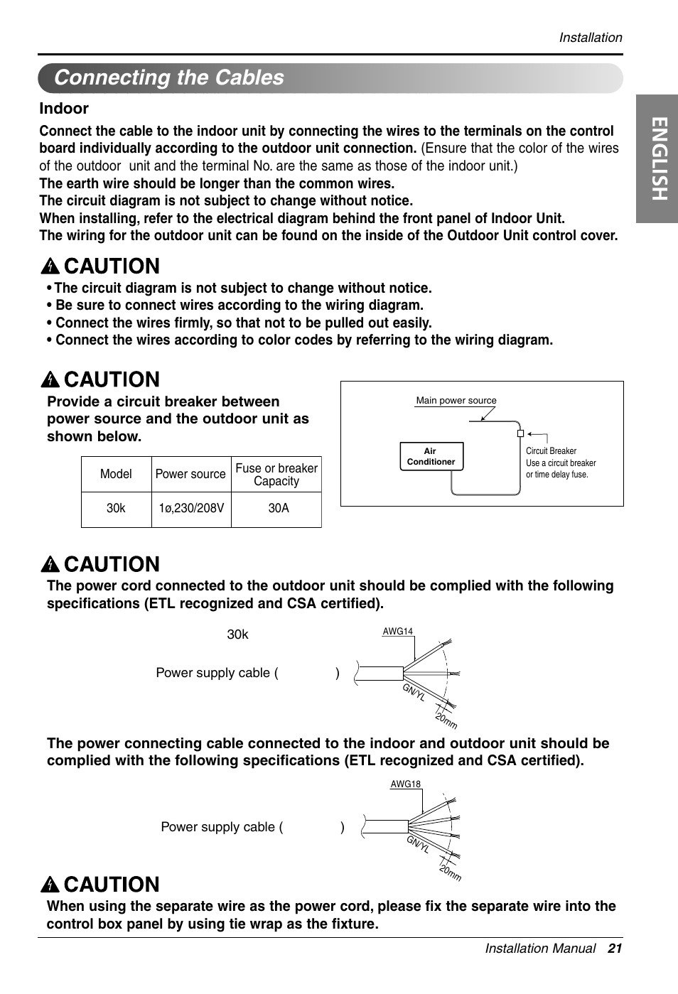 English, Connecting the cables, Indoor | LG LS305HV User Manual | Page 21 / 31