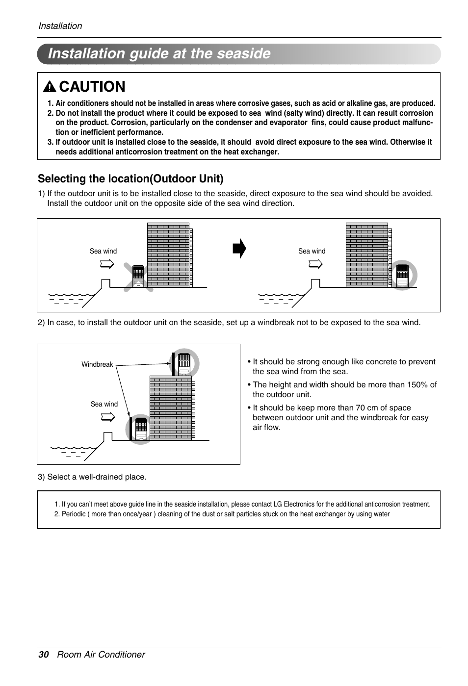 Installation guide at the seaside, Selecting the location(outdoor unit) | LG LS305HV User Manual | Page 30 / 31