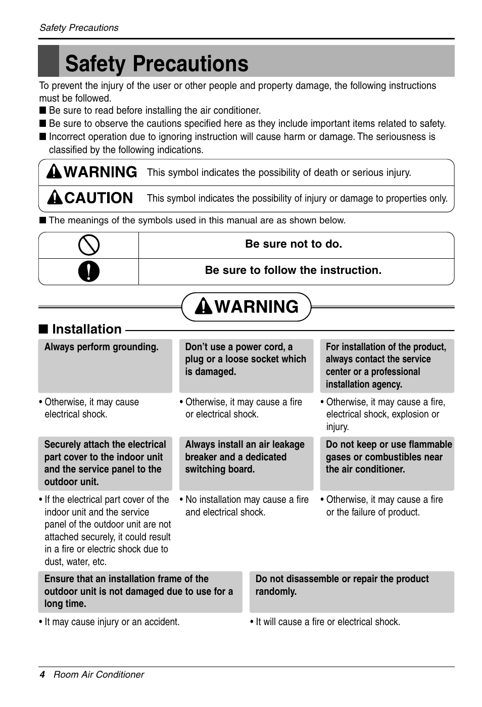 Safety precautions, Installation | LG LS305HV User Manual | Page 4 / 31