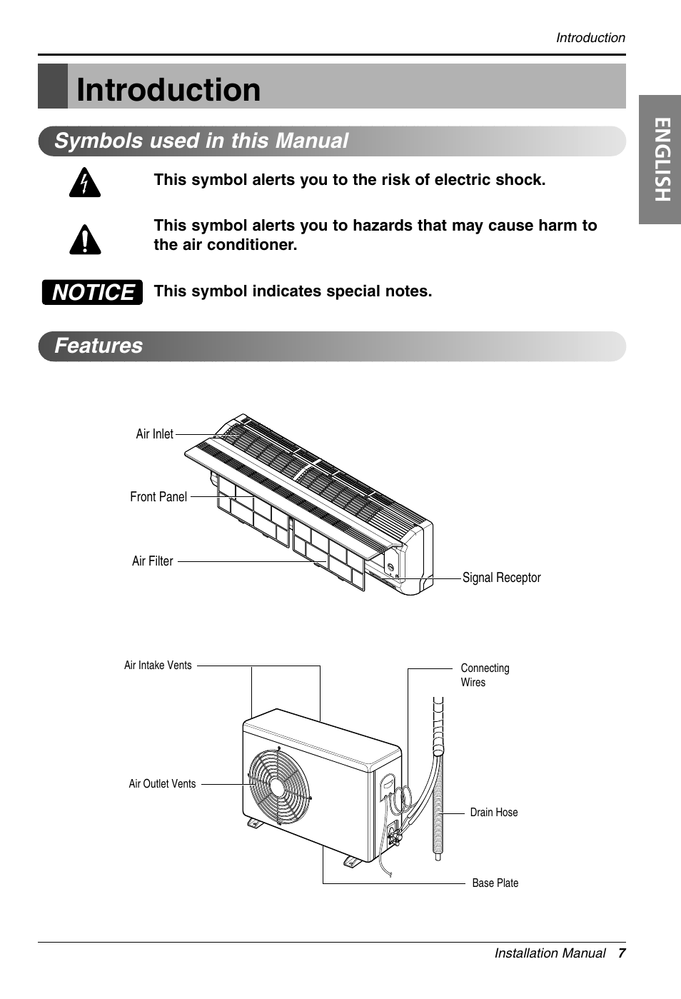 Introduction, Notice, English | Symbols used in this manual features | LG LS305HV User Manual | Page 7 / 31