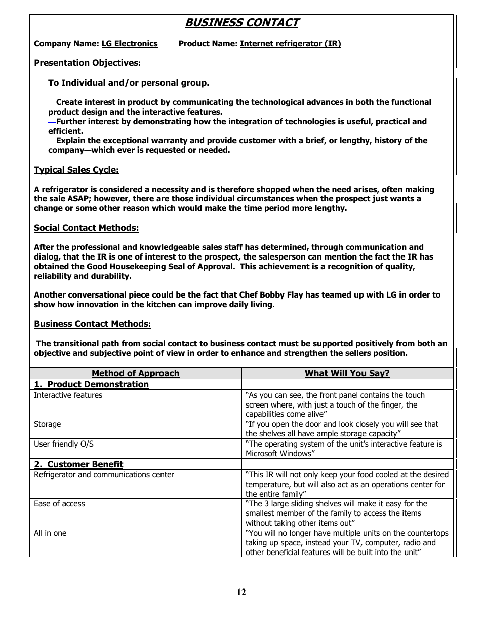 Business contact, Presentation objectives, Typical sales cycle | Social contact methods, Business contact methods, Method of approach, What will you say, Product demonstration, Customer benefit, Resentation | LG MBA 9120 User Manual | Page 12 / 21