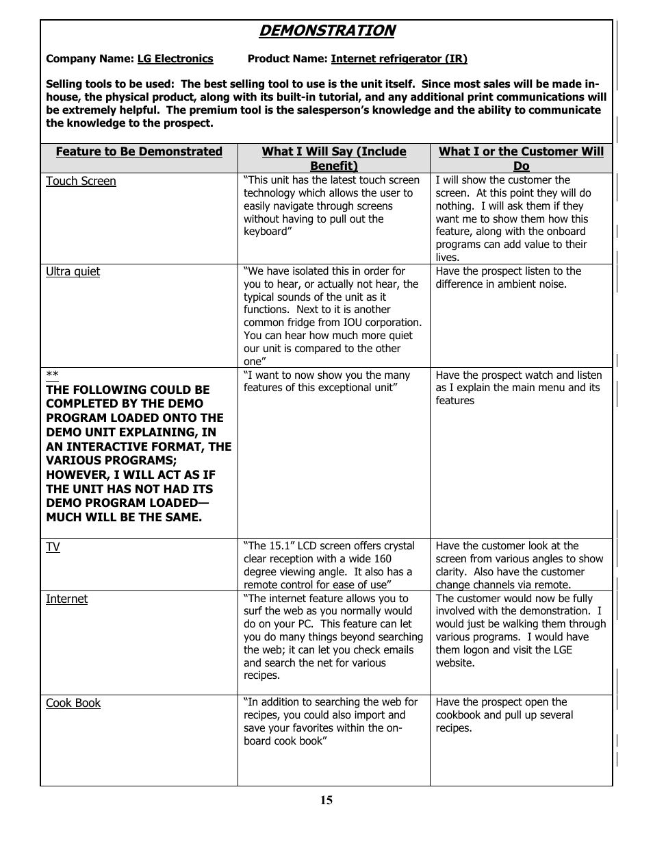 Demonstration, Feature to be demonstrated, What i will say (include benefit) | What i or the customer will do, Touch screen, Ultra quiet, Internet, Cook book, Nclude, Enefit | LG MBA 9120 User Manual | Page 15 / 21