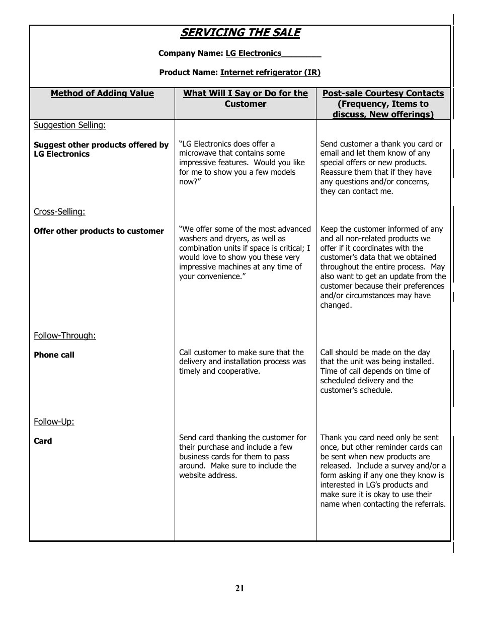 Servicing the sale, Method of adding value, What will i say or do for the customer | Suggestion selling, Cross-selling, Follow-through, Follow-up, Ay or, O for the, Ustomer | LG MBA 9120 User Manual | Page 21 / 21