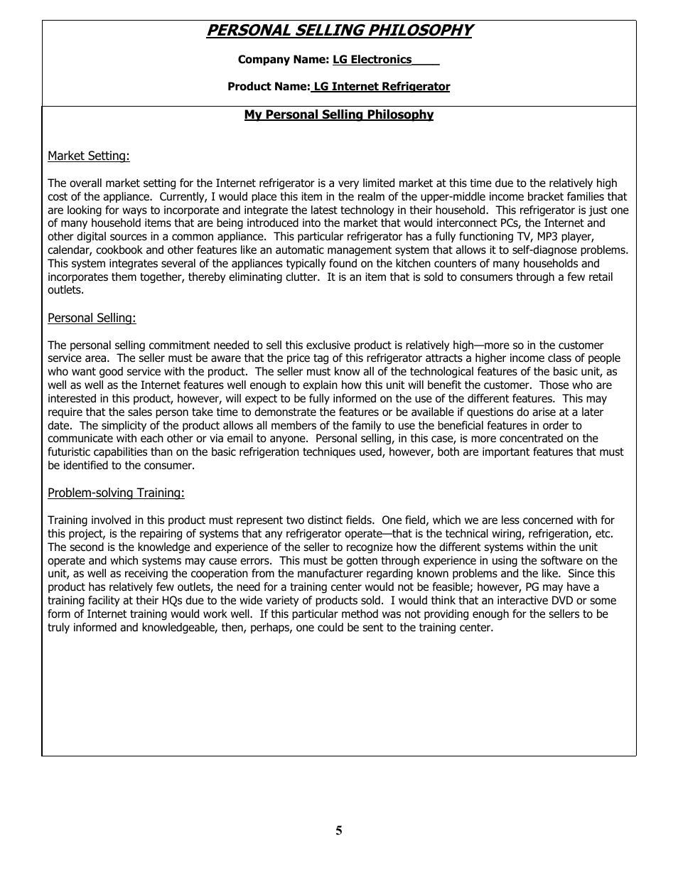 Personal selling philosophy, My personal selling philosophy, Market setting | Personal selling, Problem-solving training, Ersonal, Elling, Hilosophy | LG MBA 9120 User Manual | Page 5 / 21