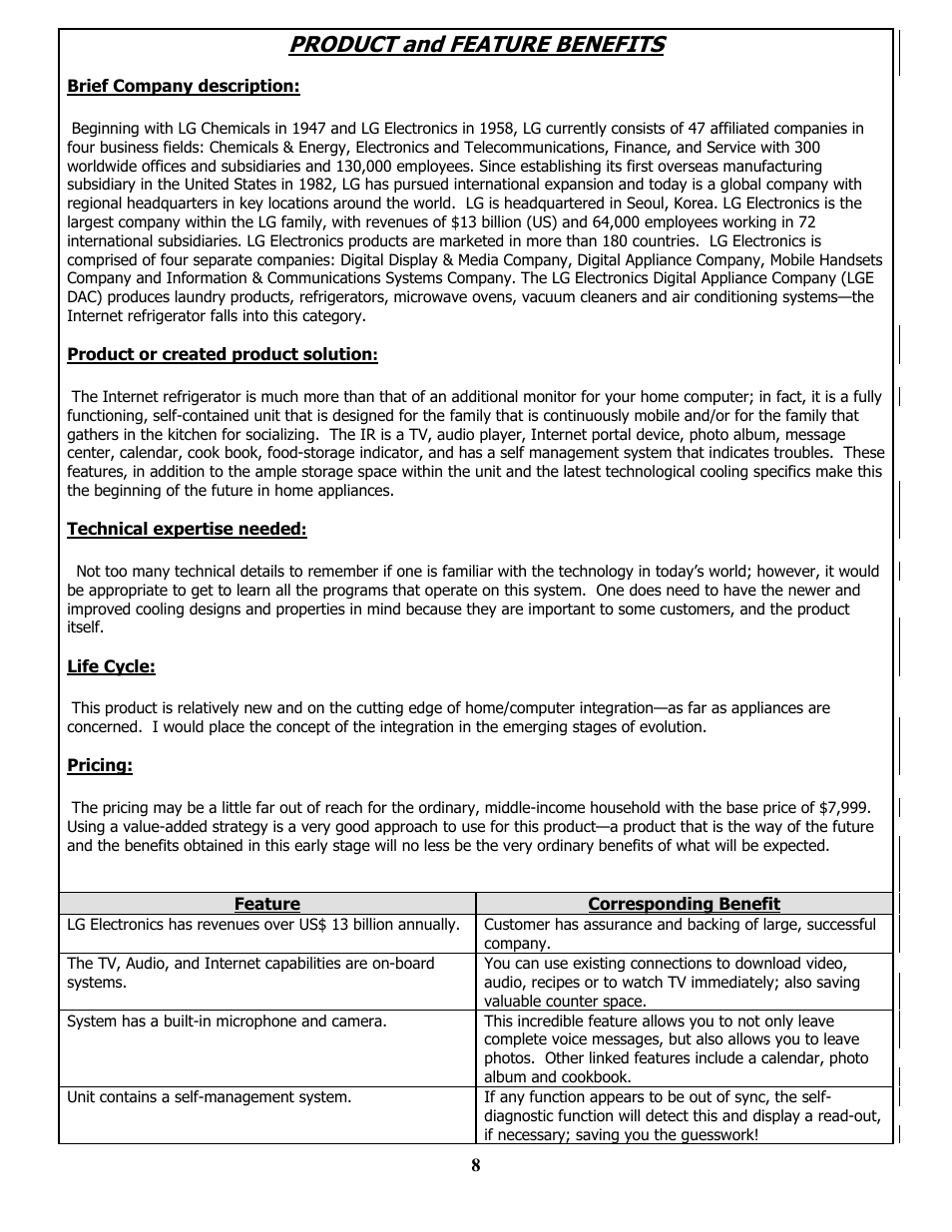 Product and feature benefits, Brief company description, Product or created product solution | Technical expertise needed, Life cycle, Pricing, Feature, Corresponding benefit, Rief, Ompany description | LG MBA 9120 User Manual | Page 8 / 21