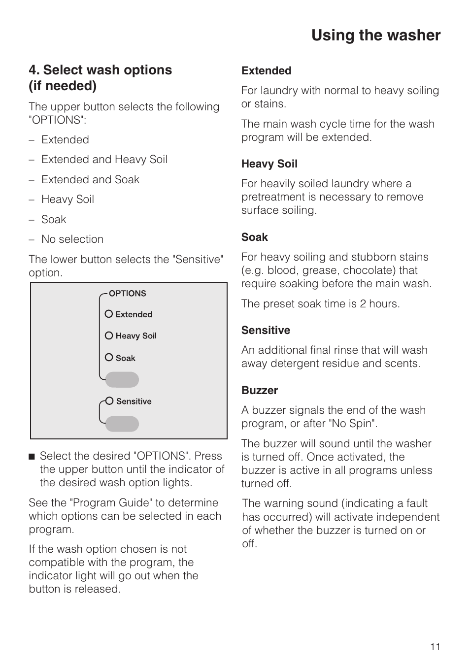 Select wash options (if needed) 11, Using the washer, Select wash options (if needed) | LG Washer W1119 User Manual | Page 11 / 60