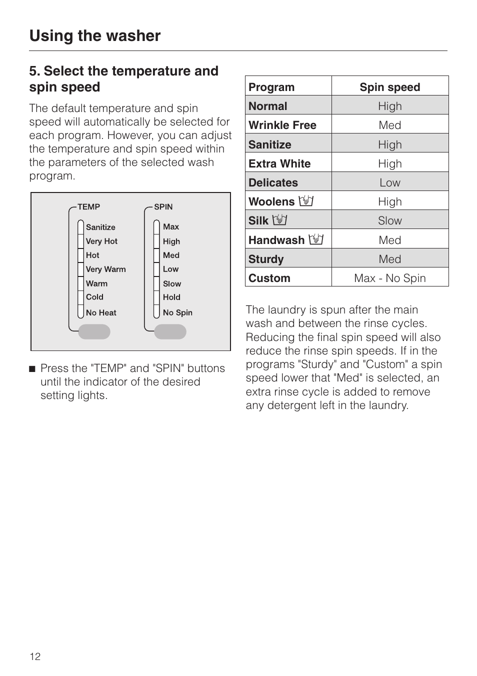 Select the temperature and spin speed 12, Using the washer, Select the temperature and spin speed | LG Washer W1119 User Manual | Page 12 / 60