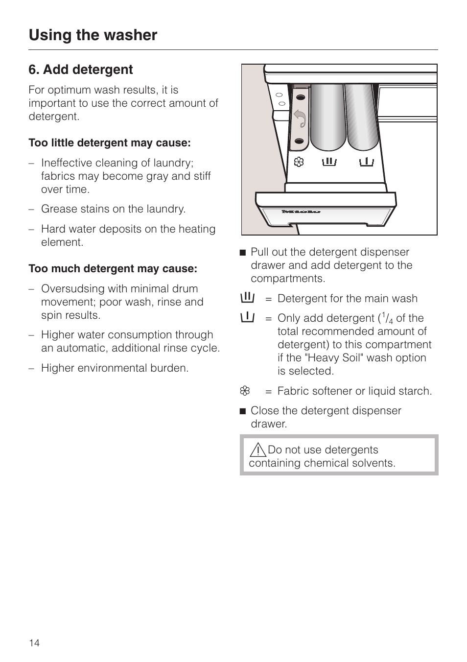 Add detergent 14, Using the washer, Add detergent | LG Washer W1119 User Manual | Page 14 / 60