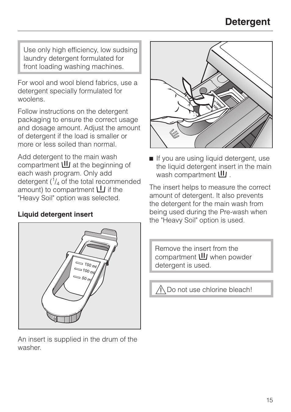 Detergent 15, Detergent | LG Washer W1119 User Manual | Page 15 / 60