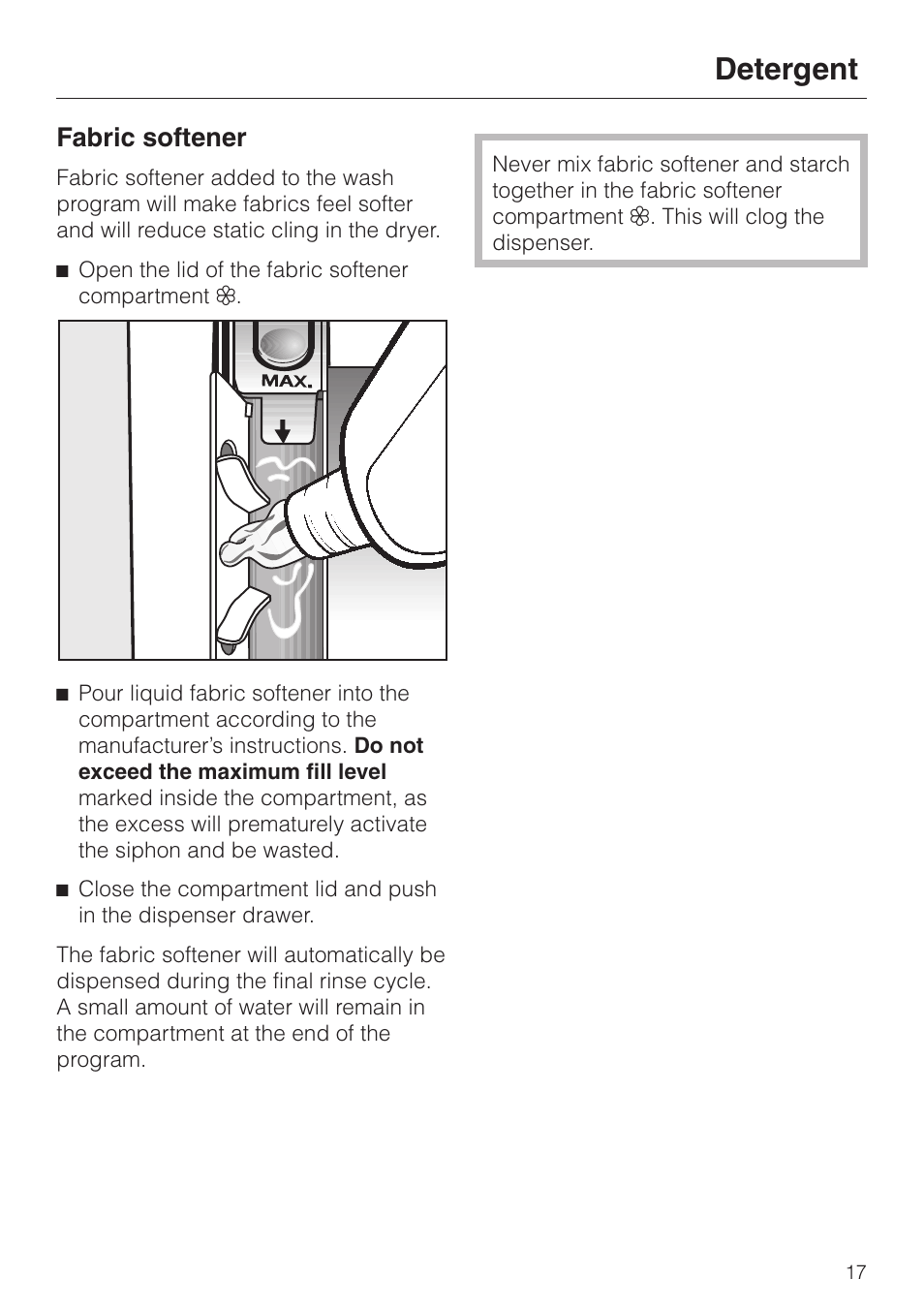 Fabric softener 17, Detergent, Fabric softener | LG Washer W1119 User Manual | Page 17 / 60