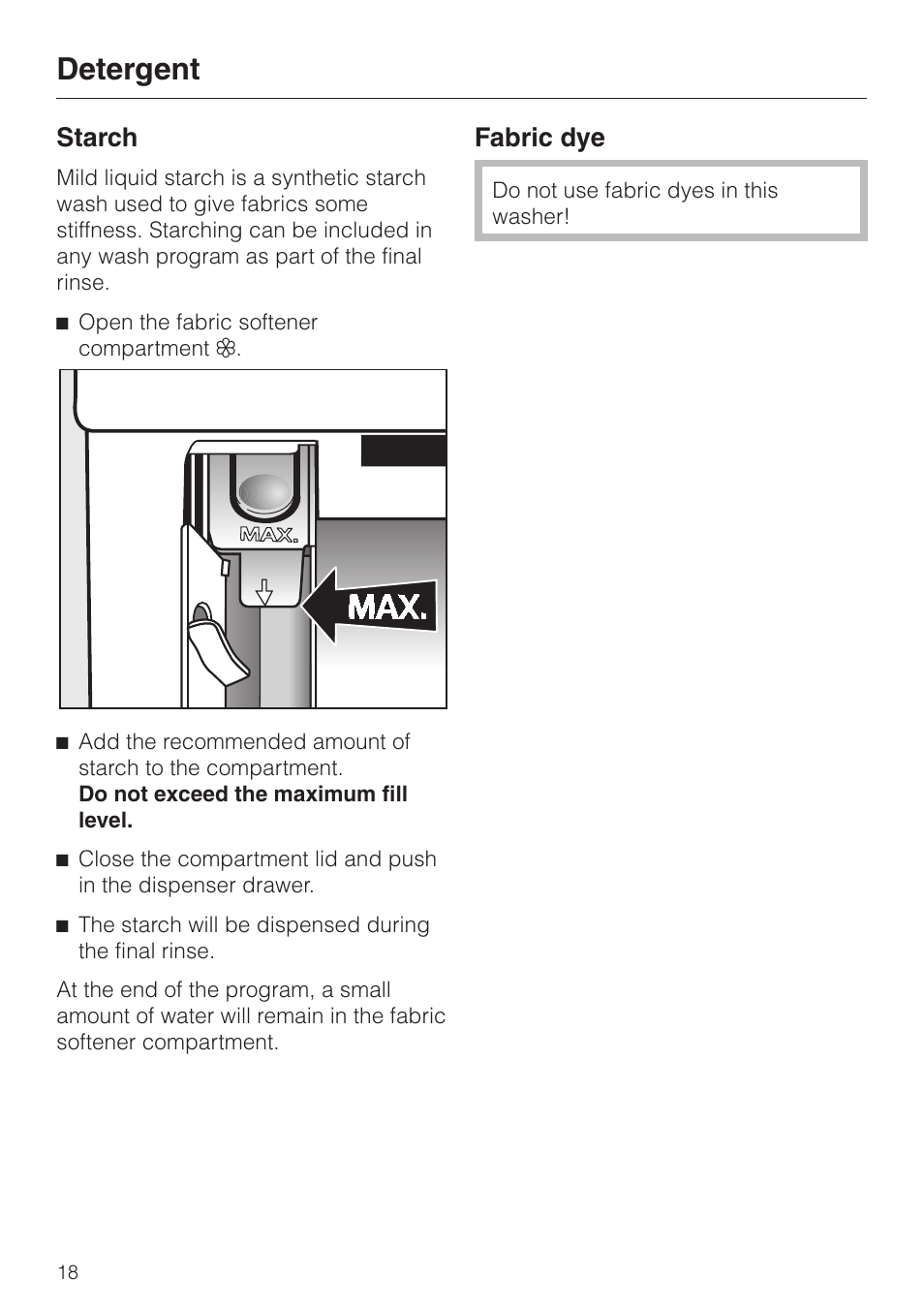 Starch 18, Fabric dye 18, Detergent | Starch, Fabric dye | LG Washer W1119 User Manual | Page 18 / 60