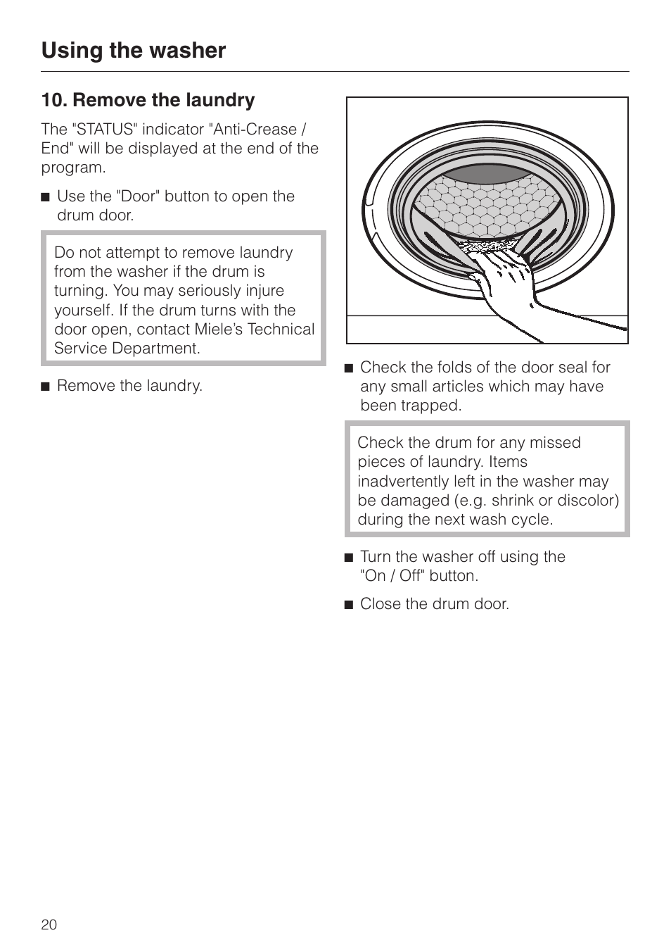 Remove the laundry 20, Using the washer, Remove the laundry | LG Washer W1119 User Manual | Page 20 / 60