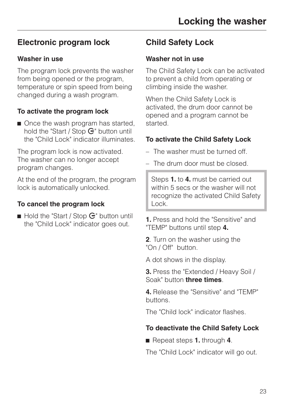 Locking the washer 23, Electronic program lock 23, Child safety lock 23 | Locking the washer, Electronic program lock, Child safety lock | LG Washer W1119 User Manual | Page 23 / 60