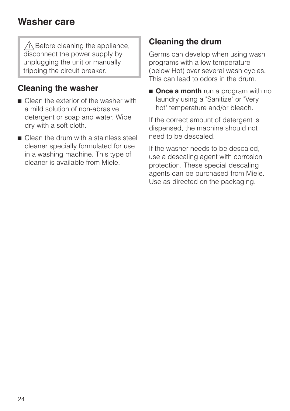 Washer care 24, Cleaning the washer 24, Cleaning the drum 24 | Washer care, Cleaning the washer, Cleaning the drum | LG Washer W1119 User Manual | Page 24 / 60