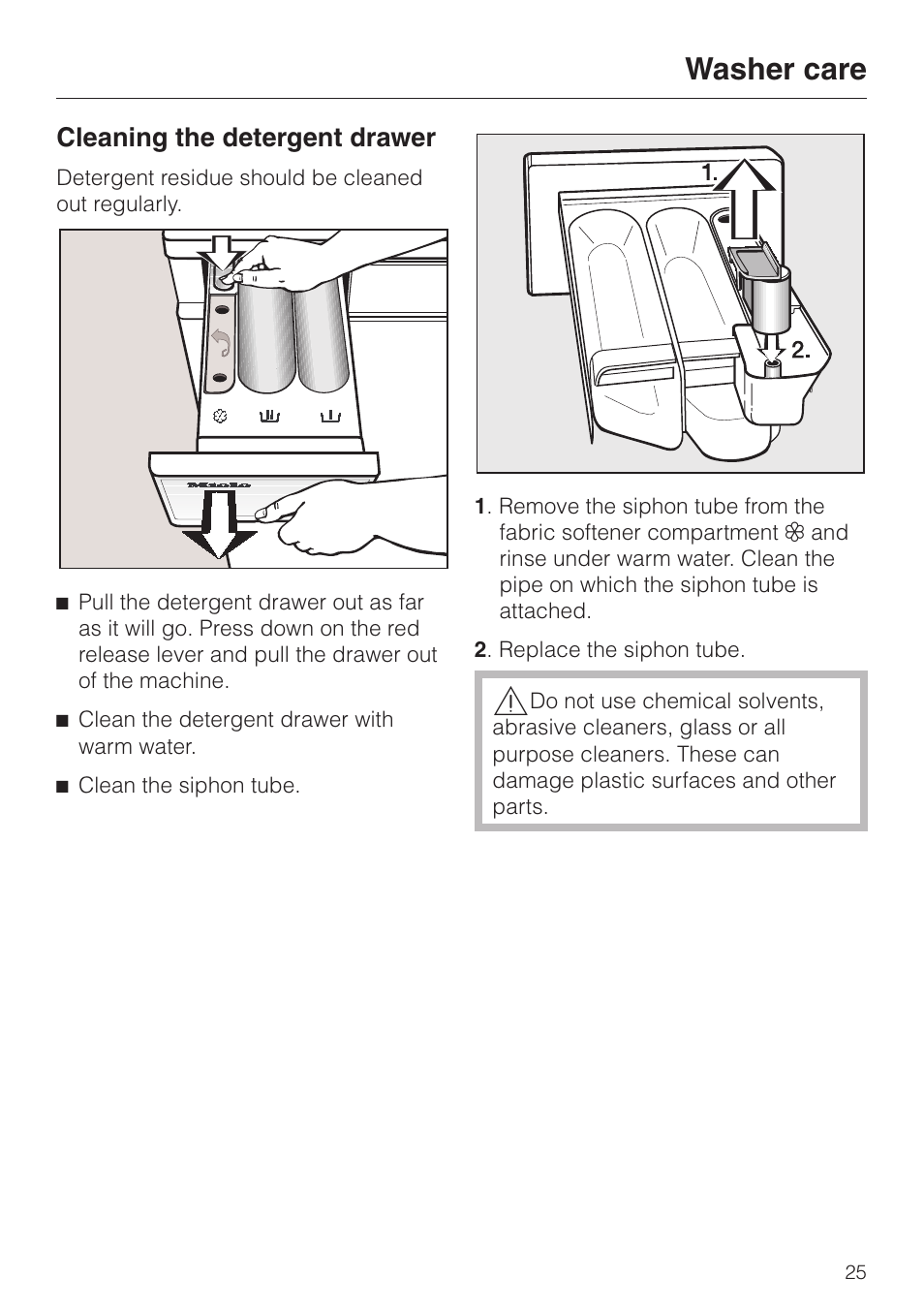 Cleaning the detergent drawer 25, Washer care, Cleaning the detergent drawer | LG Washer W1119 User Manual | Page 25 / 60