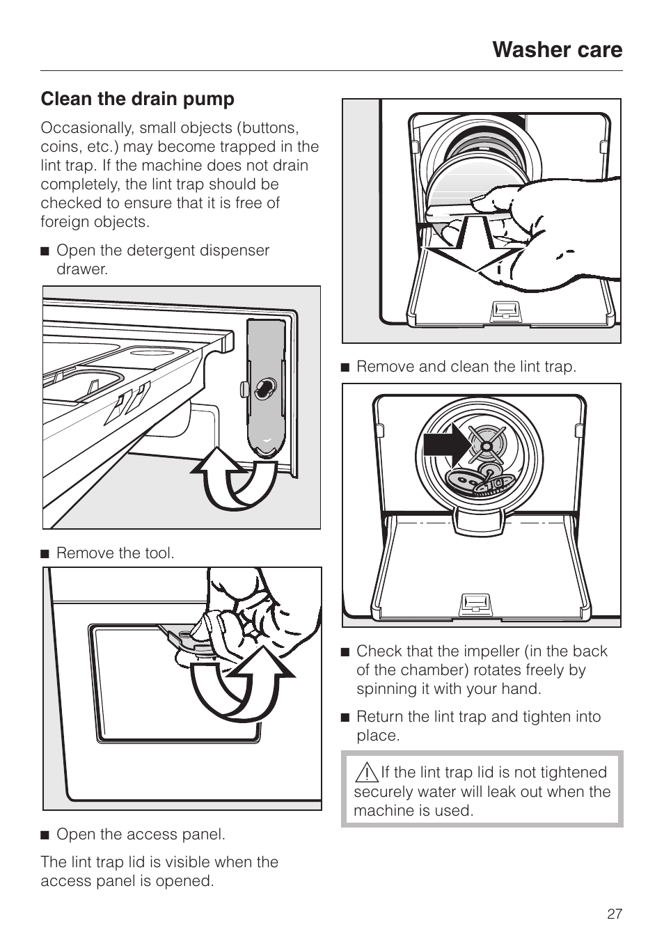 Clean the drain pump 27, Washer care, Clean the drain pump | LG Washer W1119 User Manual | Page 27 / 60