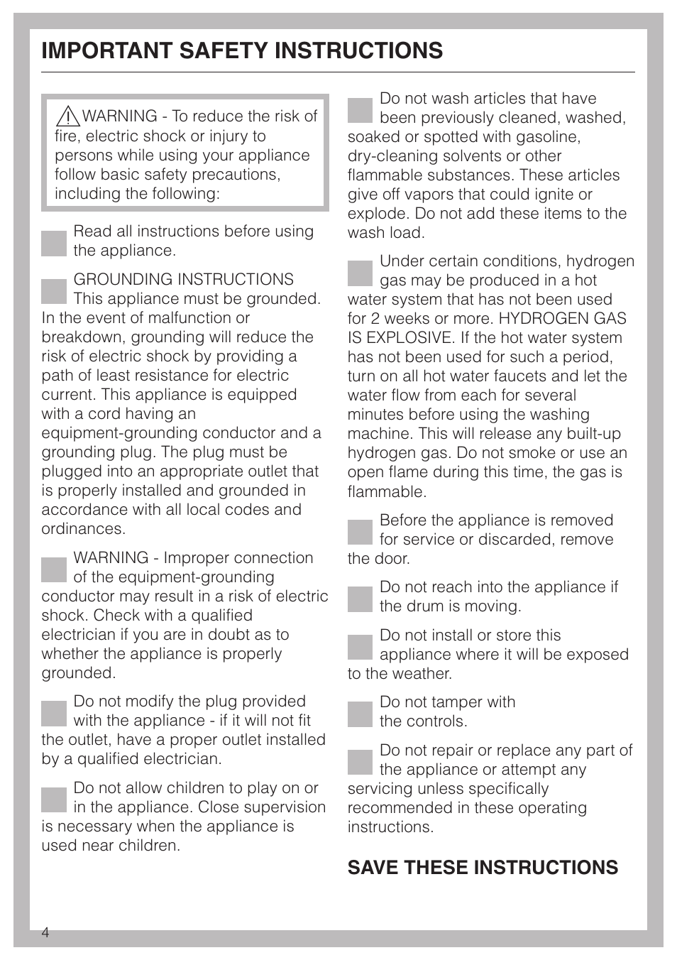 Important safety instructions 4, Important safety instructions, Save these instructions | LG Washer W1119 User Manual | Page 4 / 60