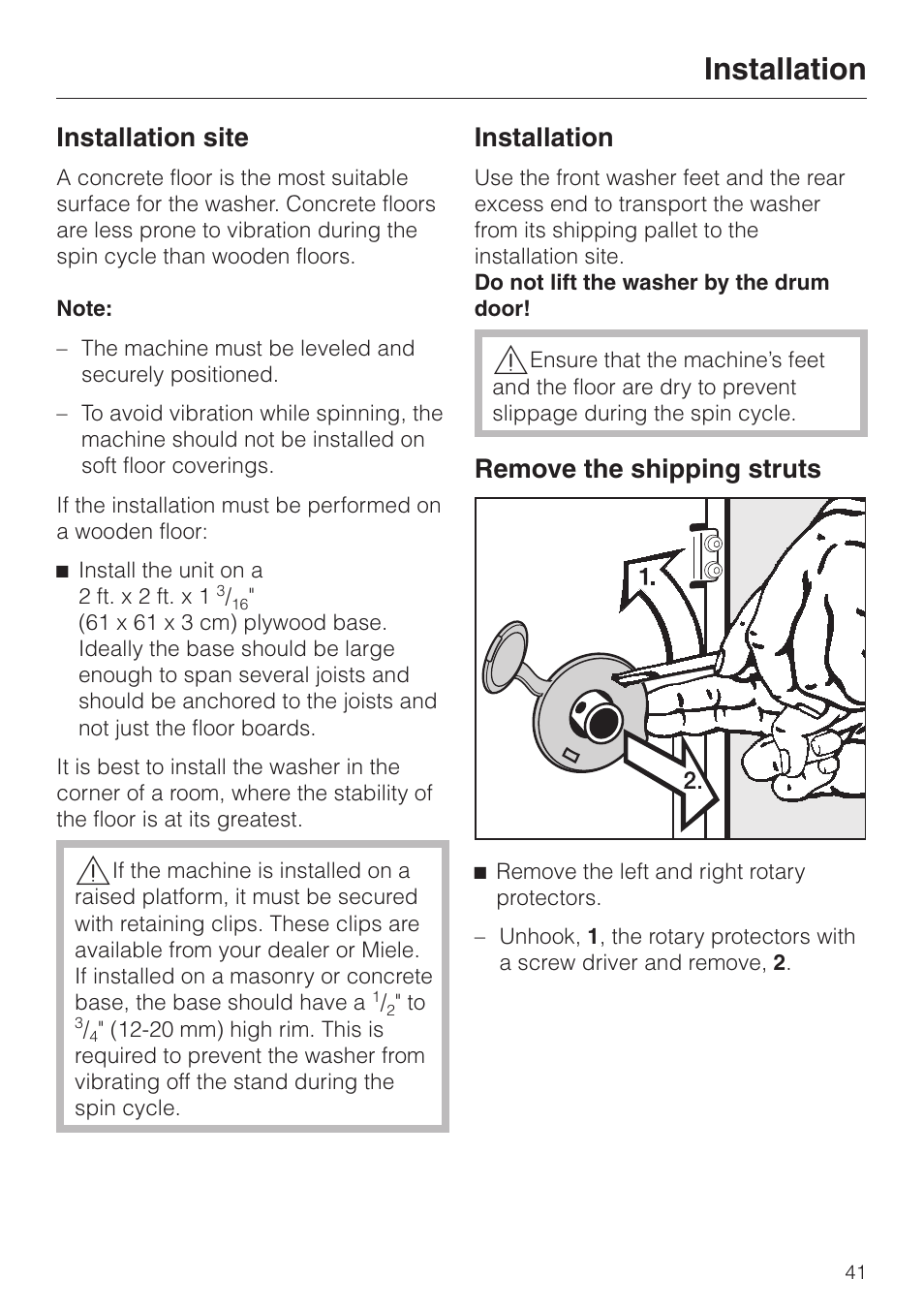 Installation site 41, Installation 41, Remove the shipping struts 41 | Installation site, Installation, Remove the shipping struts | LG Washer W1119 User Manual | Page 45 / 60