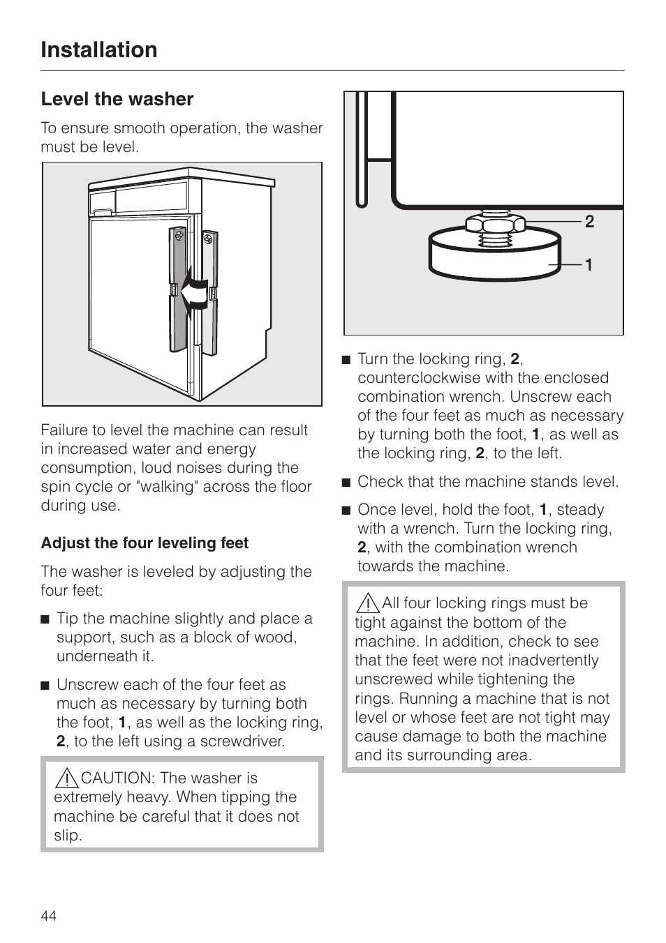 Level the washer 44, Installation, Level the washer | LG Washer W1119 User Manual | Page 48 / 60