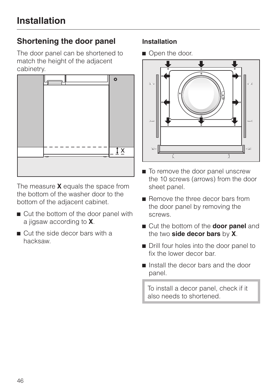 Shortening the door panel 46, Installation, Shortening the door panel | LG Washer W1119 User Manual | Page 50 / 60